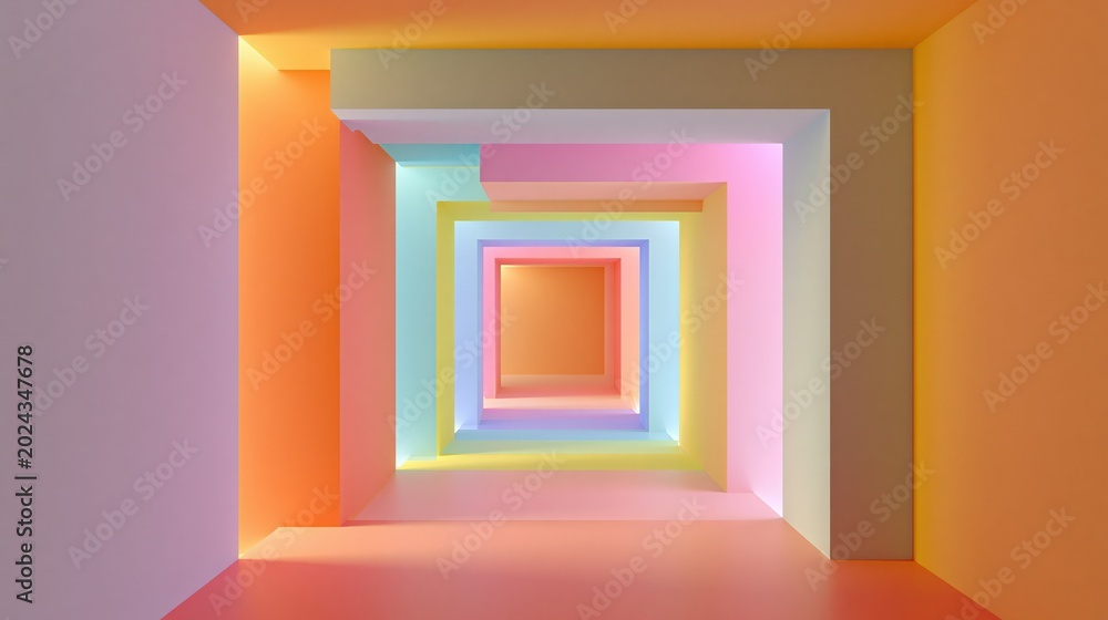 Fototapeta premium Vibrant Pastel Color Tunnel Architecture with Geometric Shapes and Soft Lighting