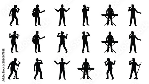 Collection of musicians and performers in dynamic poses black silhouette