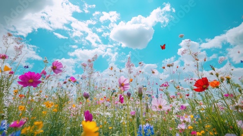 Vibrant flowers bloom under a bright blue sky, creating a stunning landscape filled with colors and life, perfect for nature lovers and photographers.