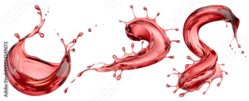 Set of red wine splashes isolated on a white background. 3D render