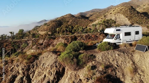 Caravan Camping On Coast In Spain. Aerial View.

