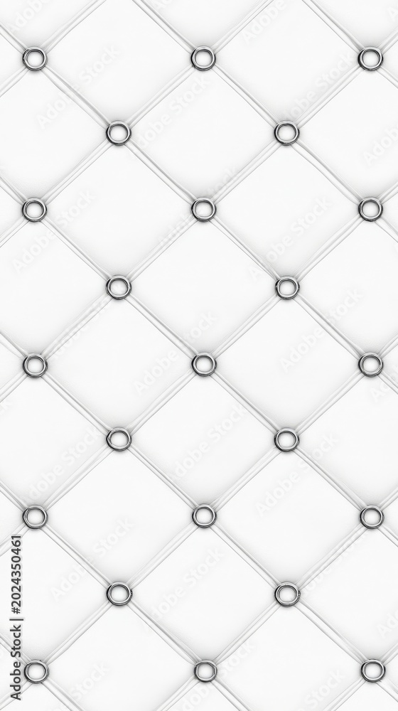 Fototapeta premium Elegant white leather upholstery pattern with shiny metal grommet accents and diamond quilting texture design backdrop.