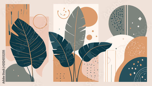 Abstract botanical art collection with tropical leaves and geometric shapes.