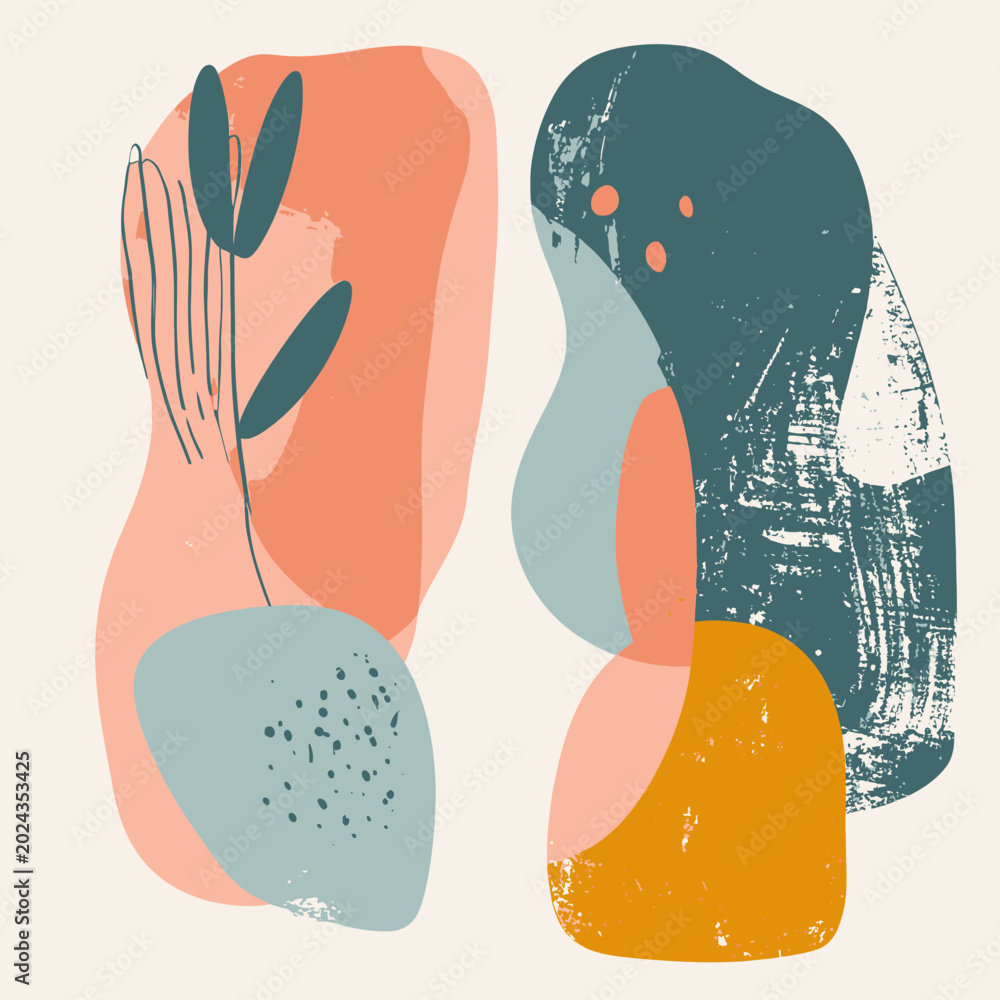 Fototapeta premium Abstract composition with organic shapes and botanical line art.