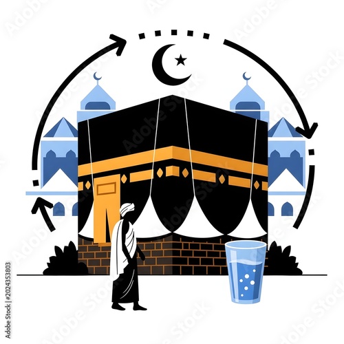 Hajj Pilgrimage Illustration with Kaaba, Pilgrim, and Water for Thirst