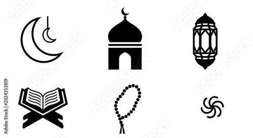 Outline Islamic Symbols Vector Icon Set for Quran and Ramadan