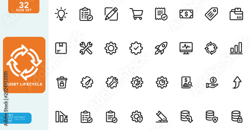Asset lifecycle Vector illustration line editable icon set. Contain icons related to asset, lifecycle, value, phase, service, repair, planning, acquisition, maintenance, optimization, and more. on whi