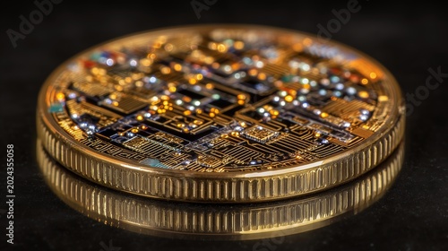 A close-up photograph of a golden digital cryptocurrency coin with futuristic reflections. A concept of cyber finance. Realistic macro photography.