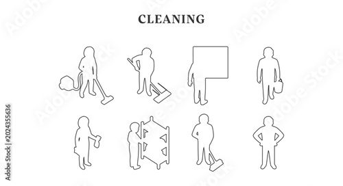 Photos Minimalist isometric line art architectural scale figures of people cleaning jan