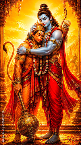Lord Rama embracing Hanuman in a radiant, golden, spiritual setting, depicting their eternal bond and devotion.