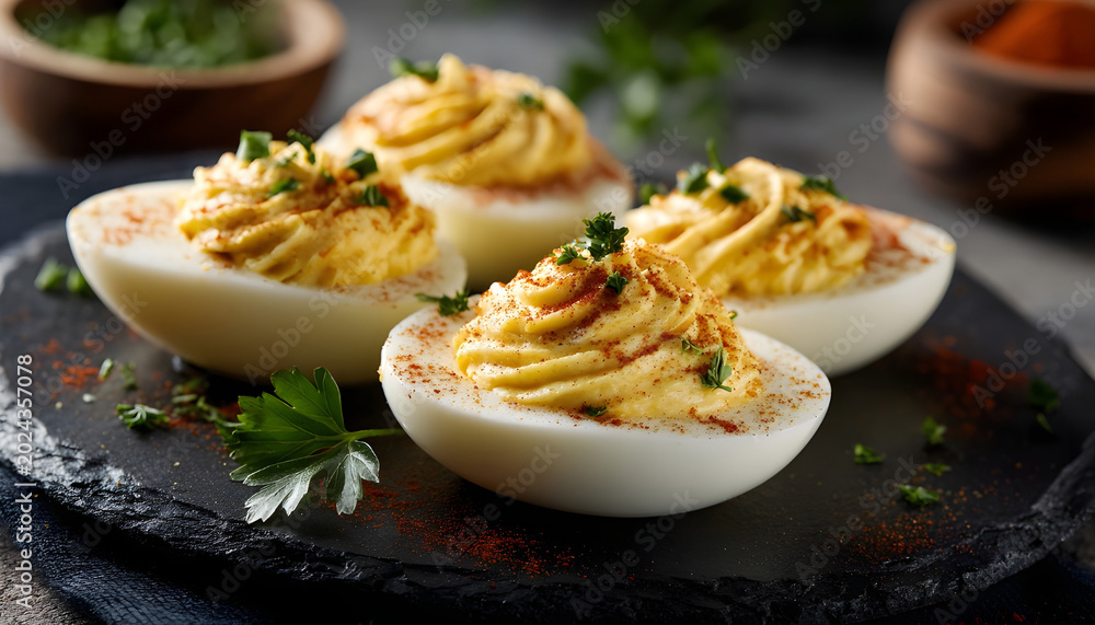 Fototapeta premium Deviled egg with paprika, mustard and mayonnaise
