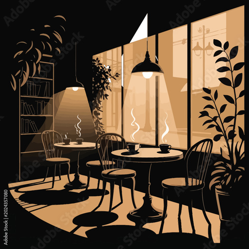 Cuadro en lienzo Cozy cafe interior with tables and chairs by window.