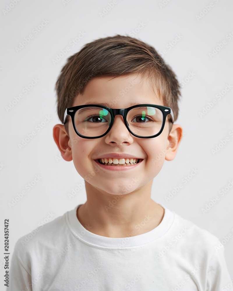 Fototapeta premium Smiling Child With Thick Eyeglasses On White Background