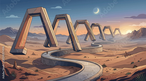 Schilderij op canvas Futuristic desert landscape with winding path passing through series of floating geometric stone arches