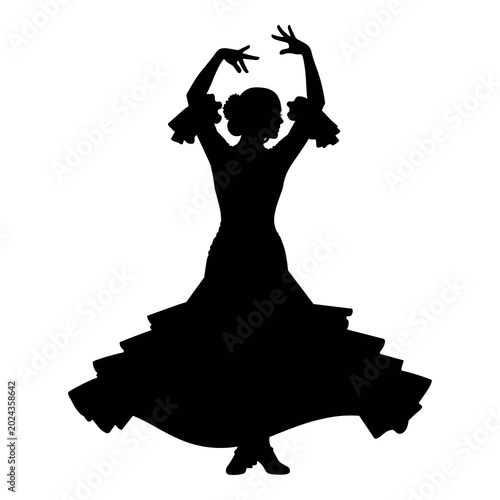 flamenco dancer silhouette with hands raised on white background.