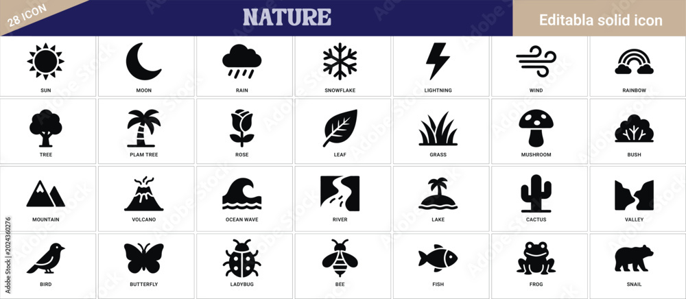Fototapeta premium Nature icons set for weather, plants, and animals in solid style.