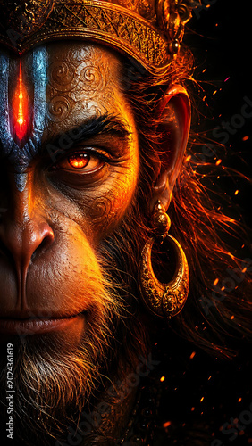 Intense close-up portrait of the Hindu deity Hanuman with glowing eyes and dramatic lighting, showcasing his divine power and golden ornaments.