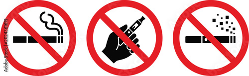 Fotografie No smoking no vaping and no electronic cigarette prohibition sign set in red cir