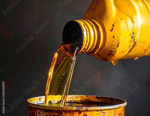 Dirty Yellow Plastic Oil Container Pouring Golden Engine Oil Into Rusty Metal Can