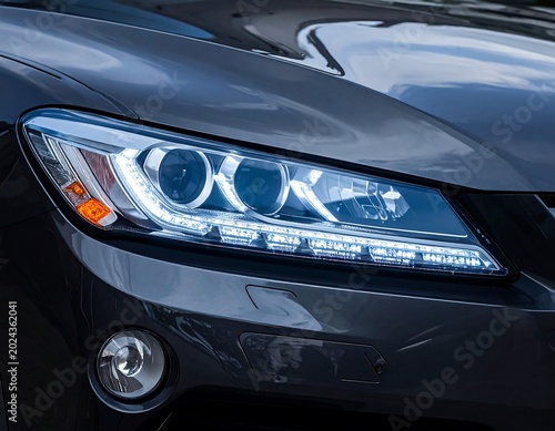 Sleek Black Car Headlight Illuminated in Close Up Exterior View