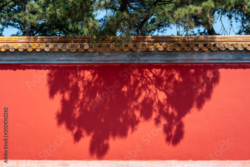 Minimalist composition of light and shadow on an ancient red wall in Beijing