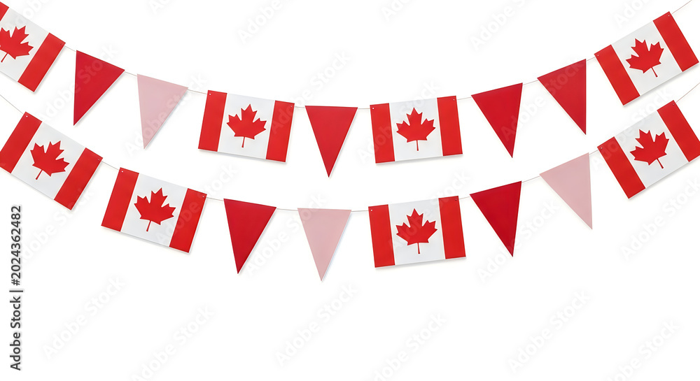 Obraz premium Red and white Canadian flag bunting garland hanging in celebration against white background
