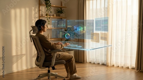 A man sitting in an ergonomic chair using a transparent desk with futuristic holographic data displays in a sunny room.