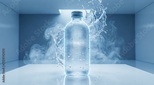 A clear glass water bottle with condensation and a refreshing splash in a blue high end studio setting with mist.