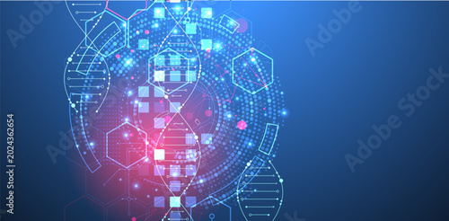 Scientific and technological background. Image of dna molecule with technological elements.