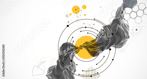 Abstract art composition with wireframe waves, geometric shapes, dots, and lines. Vector