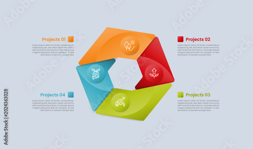 hexagon base shape infographic with glossy gradient style with piechart on hexagonal base with slice cut separated shape with four segment information
