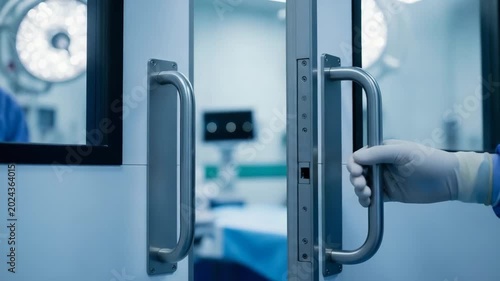 Hand in surgical glove opening door to operating room  