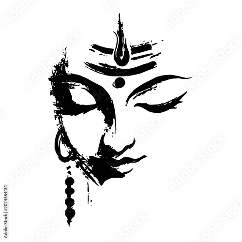 Foto Lord shiva face in meditation with closed eyes and tilak in black ink artistic s