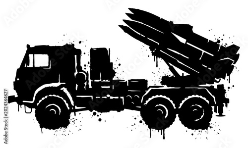 Tableau sur toile Military missile launcher truck silhouette with aggressive ink splatters