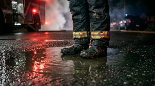 Firefighter stands in a puddle of water at a night emergency scene with bright red fire engine reflections.