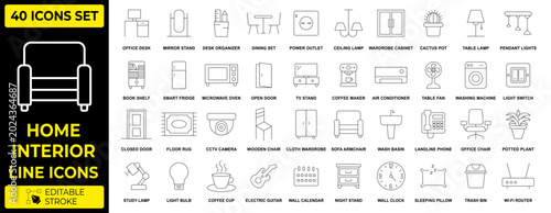 Cuadro en lienzo Modern Home Interior and Furniture Line Icons Set, Minimalist Household Applianc