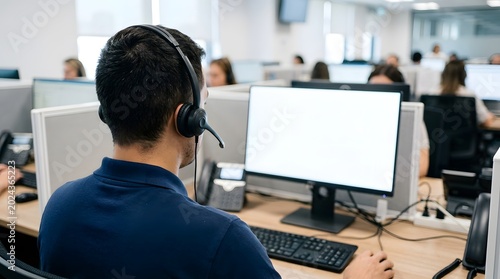 Customer service representative works at a desk while wearing a headset in a bright office environment.