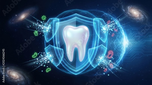 A futuristic white tooth protected by a blue holographic energy shield from bacteria and viruses in a cosmic digital space.