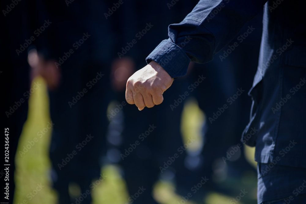 Fototapeta premium Riot police control the crowd practice and review on the grass field.