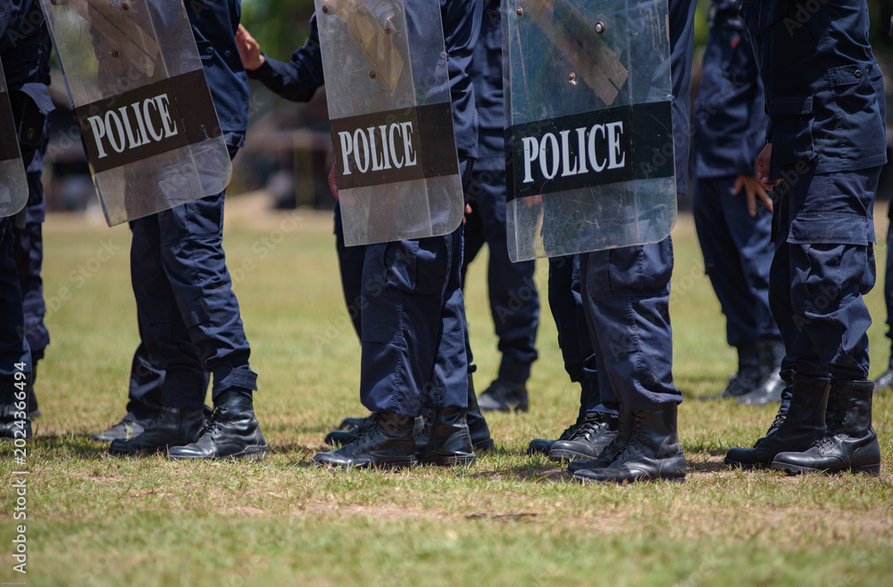 Fototapeta premium Riot police control the crowd practice and review on the grass field.