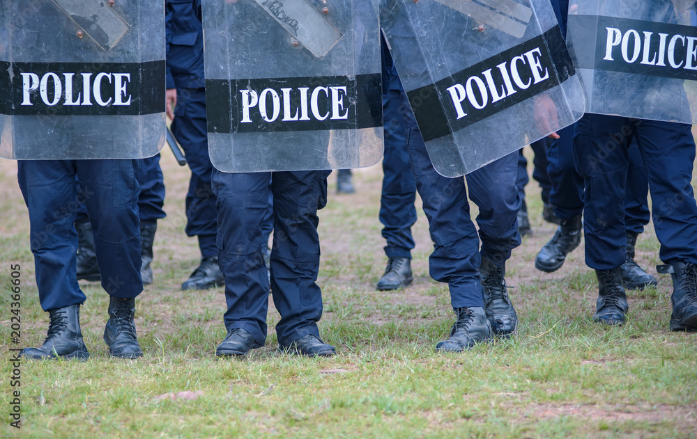 Fototapeta premium Riot police control the crowd practice and review on the grass field.