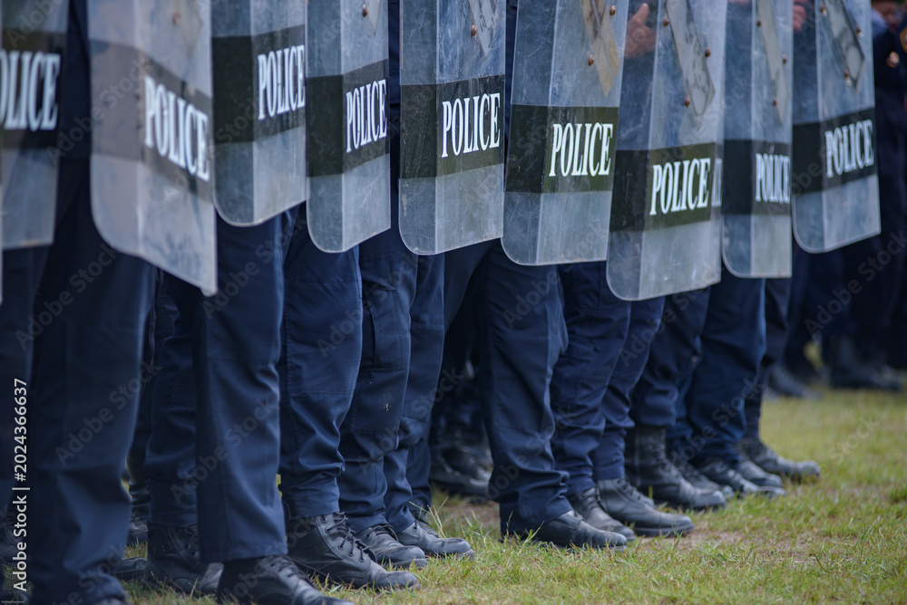 Fototapeta premium Riot police control the crowd practice and review on the grass field.