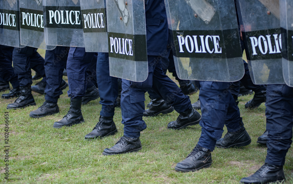 Fototapeta premium Riot police control the crowd practice and review on the grass field.
