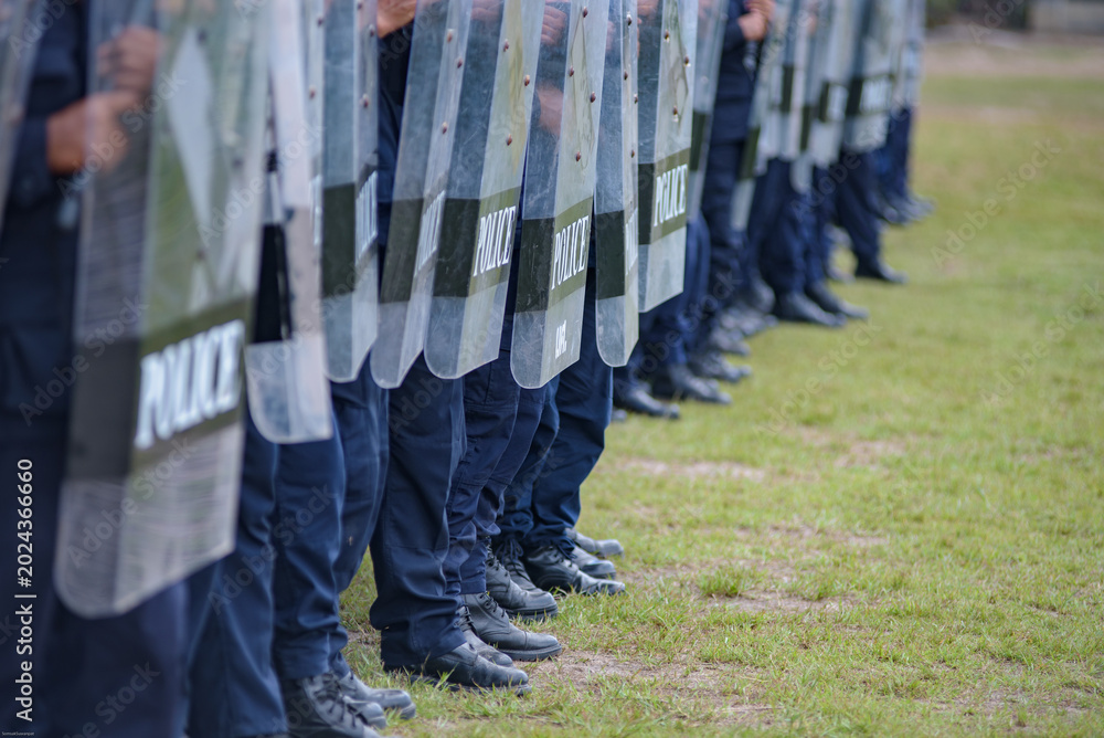 Fototapeta premium Riot police control the crowd practice and review on the grass field.