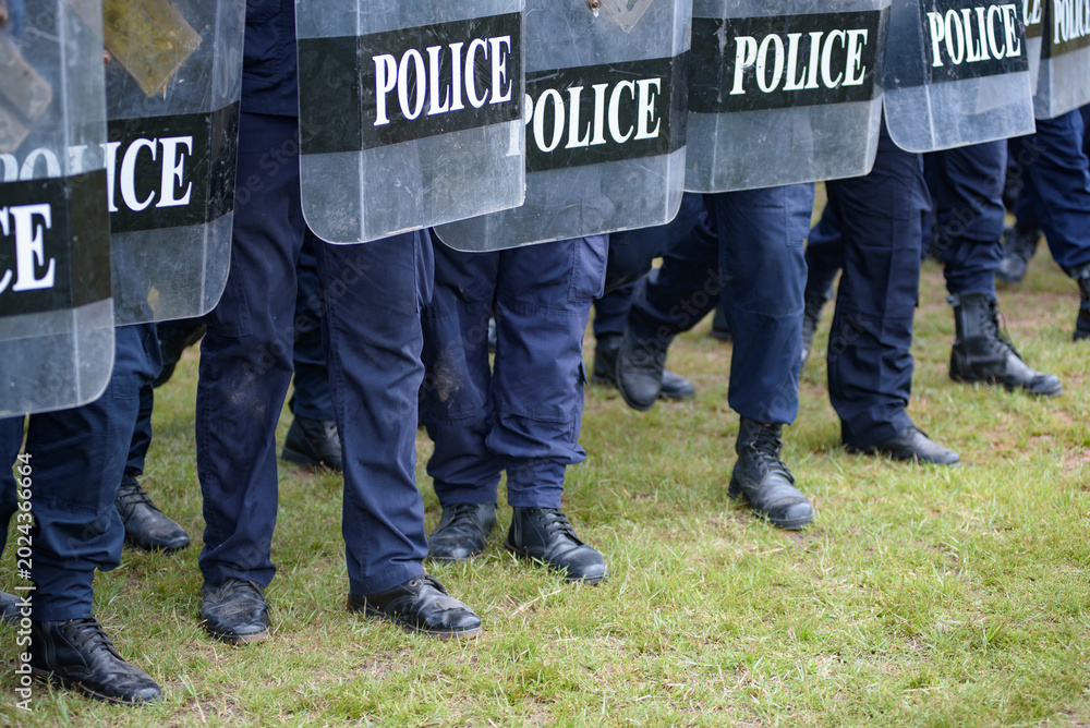 Fototapeta premium Riot police control the crowd practice and review on the grass field.