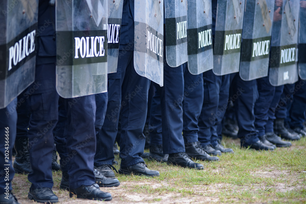 Fototapeta premium Riot police control the crowd practice and review on the grass field.