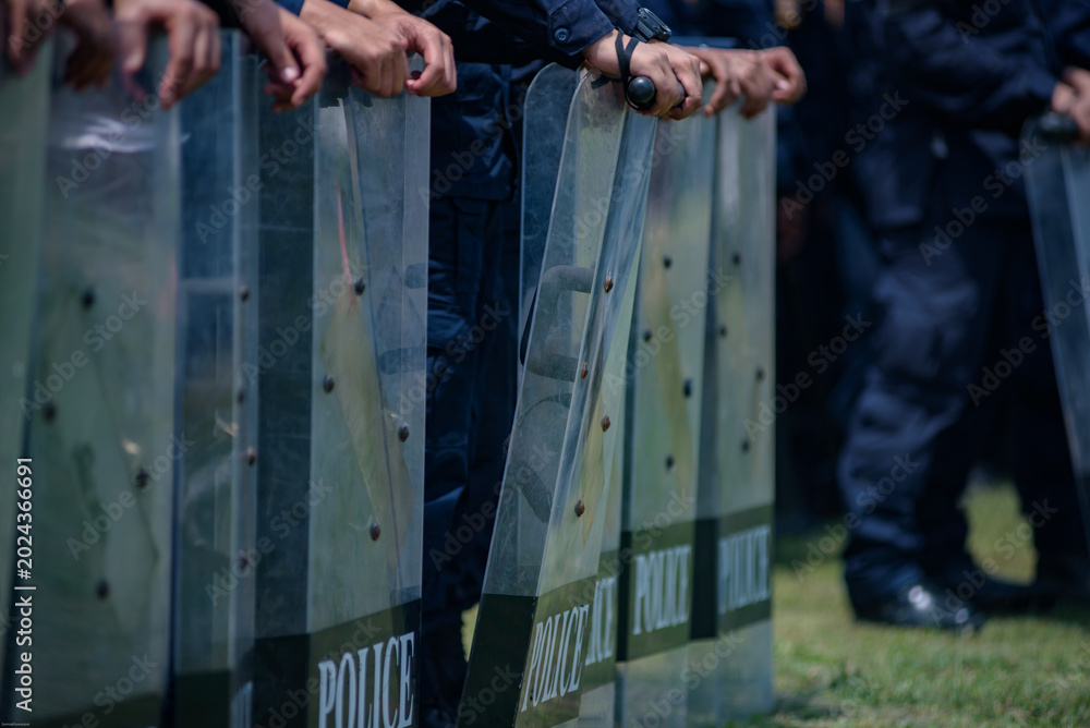 Fototapeta premium Riot police control the crowd practice and review on the grass field.
