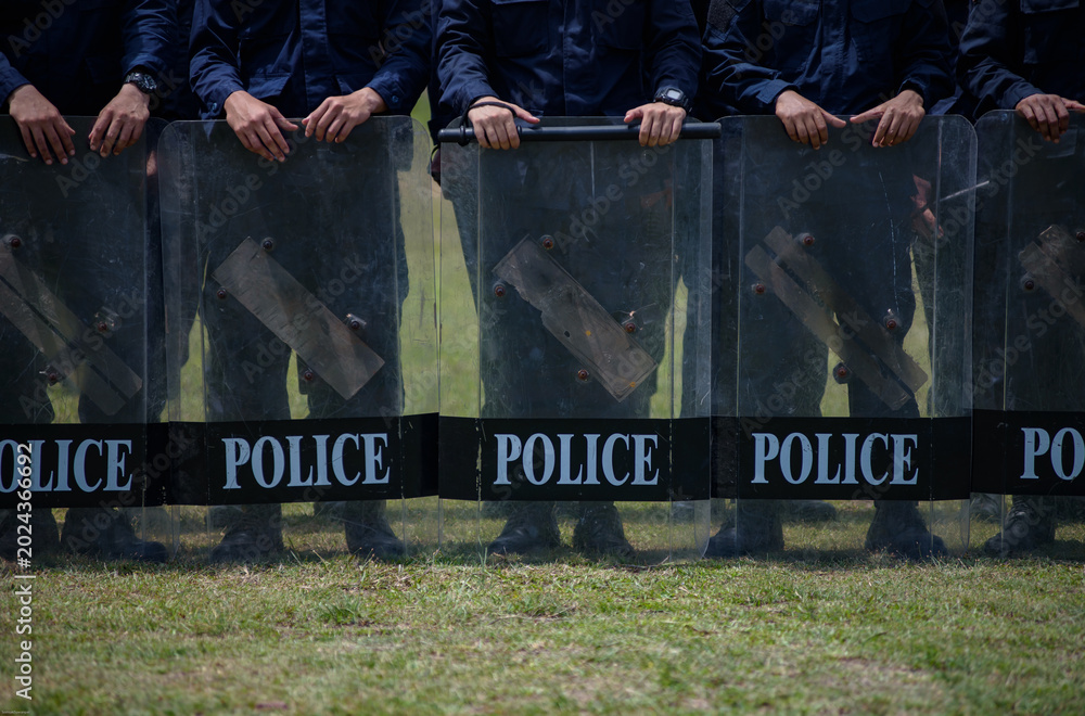 Fototapeta premium Riot police control the crowd practice and review on the grass field.