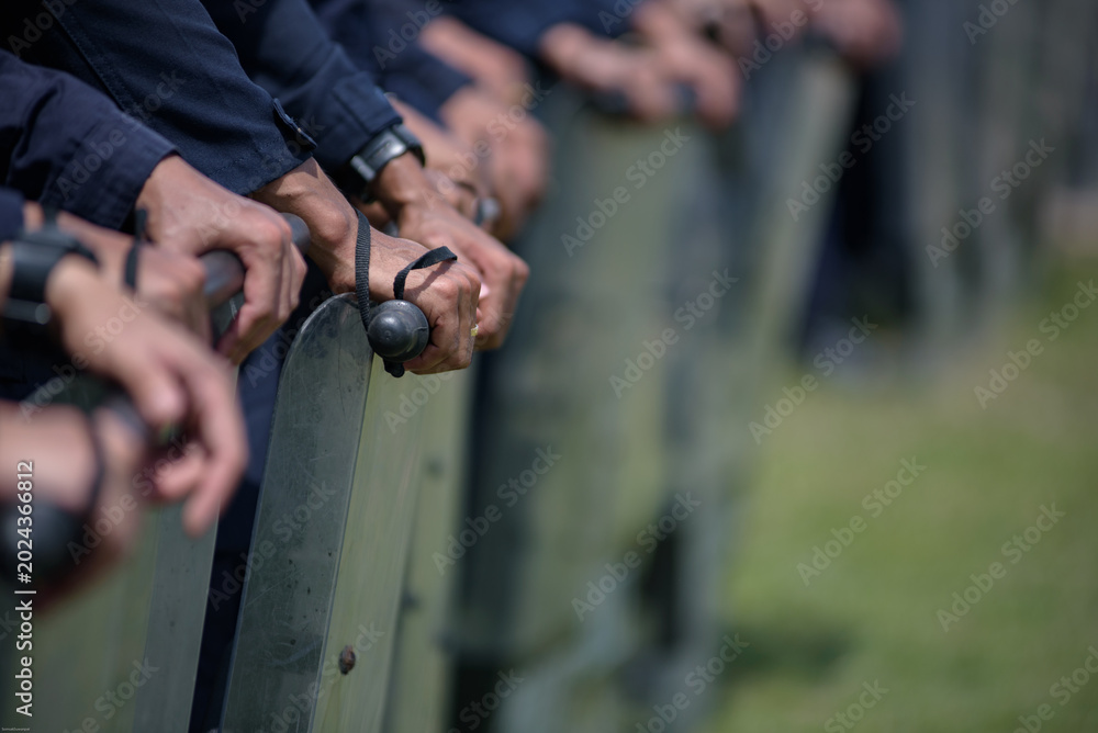 Fototapeta premium Riot police control the crowd practice and review on the grass field.