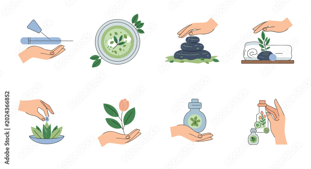 Obraz premium Collection of spa and wellness icons featuring hands holding essential oil bottles, balancing stones, flowers, and natural skincare products.